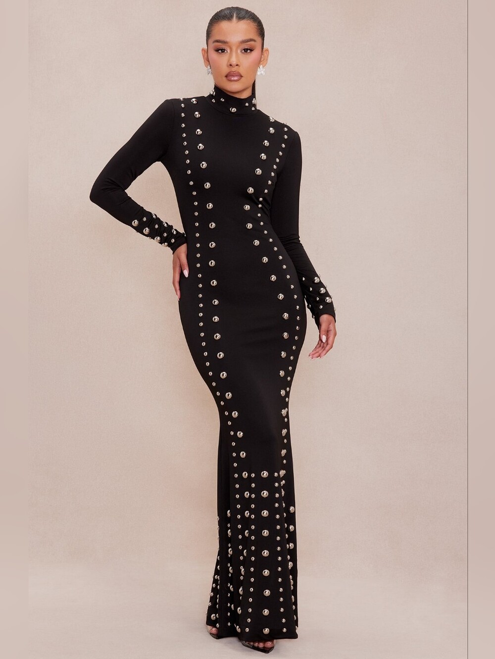 Nova Luxe Stud-Embellished Black Long Sleeve Maxi Dress